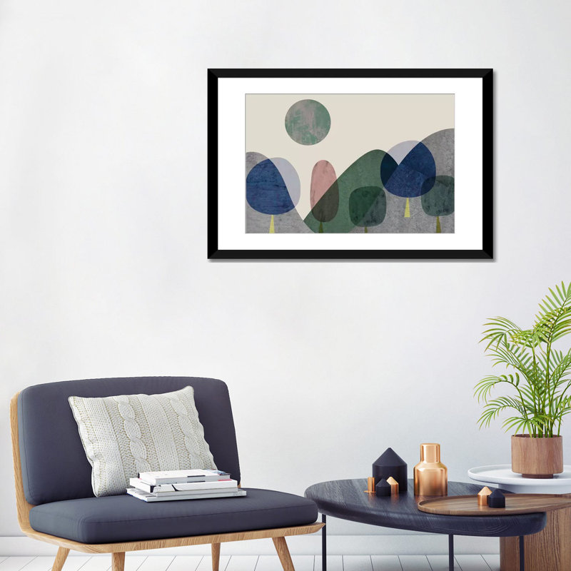 «Trees And Mountains» par Flatowl, impression sur toile, Papier d'art encadré noir, Blanc, H 24 po x l 32 po x P 1 po