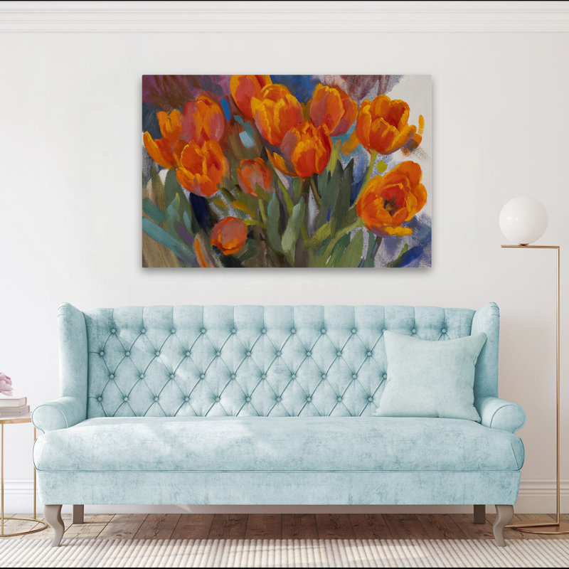Abricot tulipes - art floral tulipes et turquoise, H 40 po x l 60 po