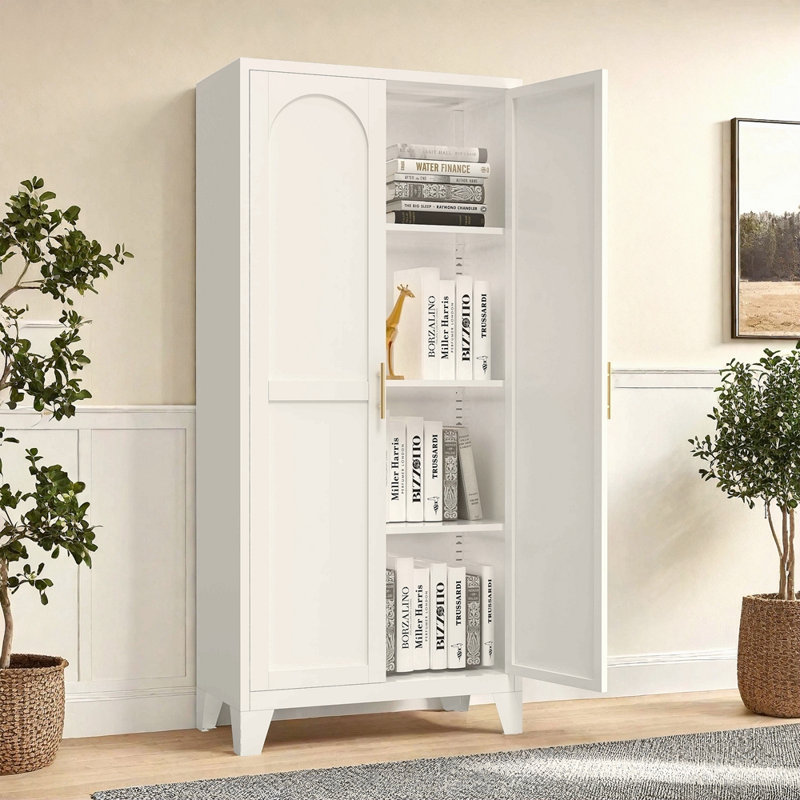 Armoire de rangement 61 po à 2 portes galbées, armoire de rangement en métal avec portes et tablettes réglables, pour chambre à coucher, salon