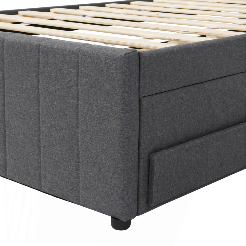 Lit plateforme double tapissier avec lit gigogne simple et 3 tiroirs, tissu en lin, gris
