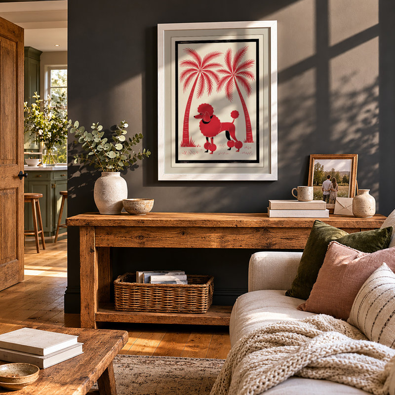 Red Poodle Under Palms Retro - Print, A2 - 59.4 x 42.0 cm, White