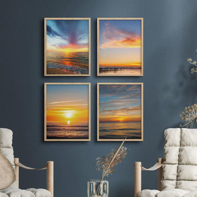 «Coastal Summer Ocean Sea Sunset Horizon», ensemble de 4 décorations murales colorées, impression encadrée sur papier, 4 pièces