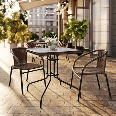 Amlie 28'' Square Glass Metal Table with Rattan Edging and 2 Rattan Stack Chairs