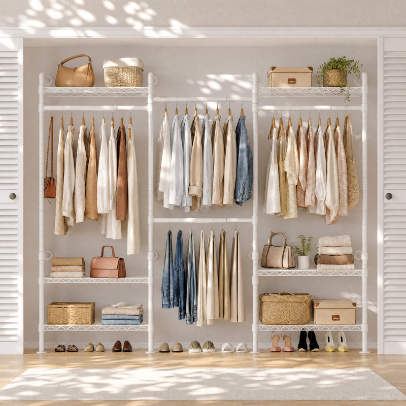 64.6''-96.9'' Wide Metal Pipe Clothing Rack Wall Mounted With 6 Wire Shelving Units & 4 Telescopic Rods, White
