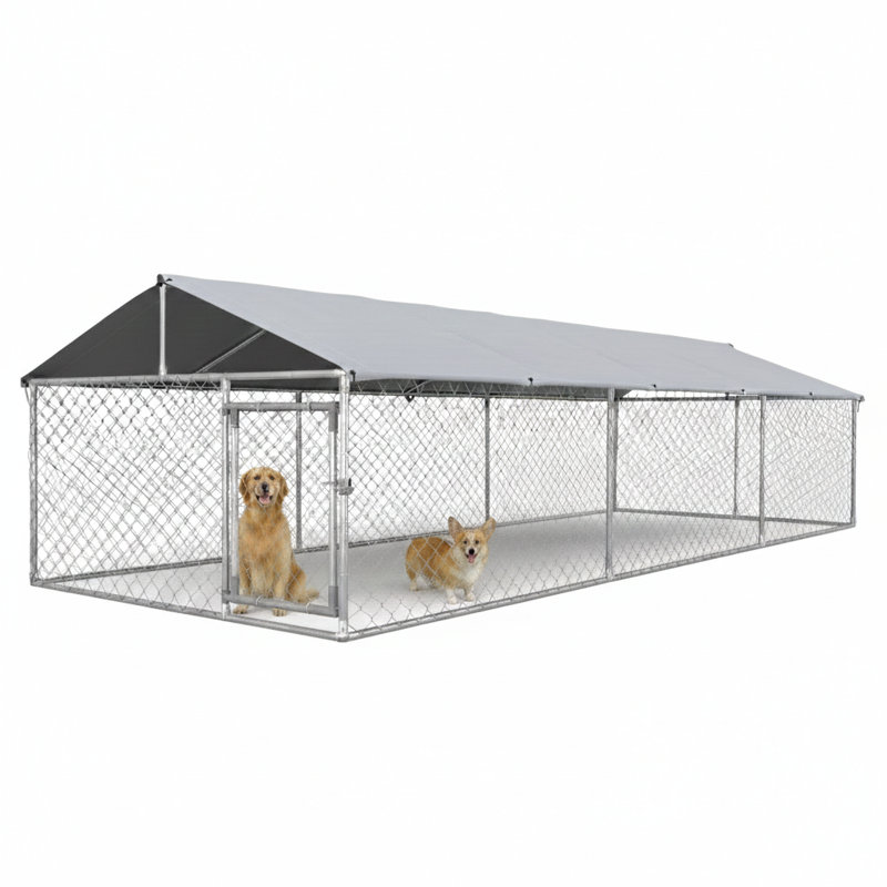 Enclos pour chien à grande échelle avec couvercle supérieur imperméable et résistant aux rayons UV.