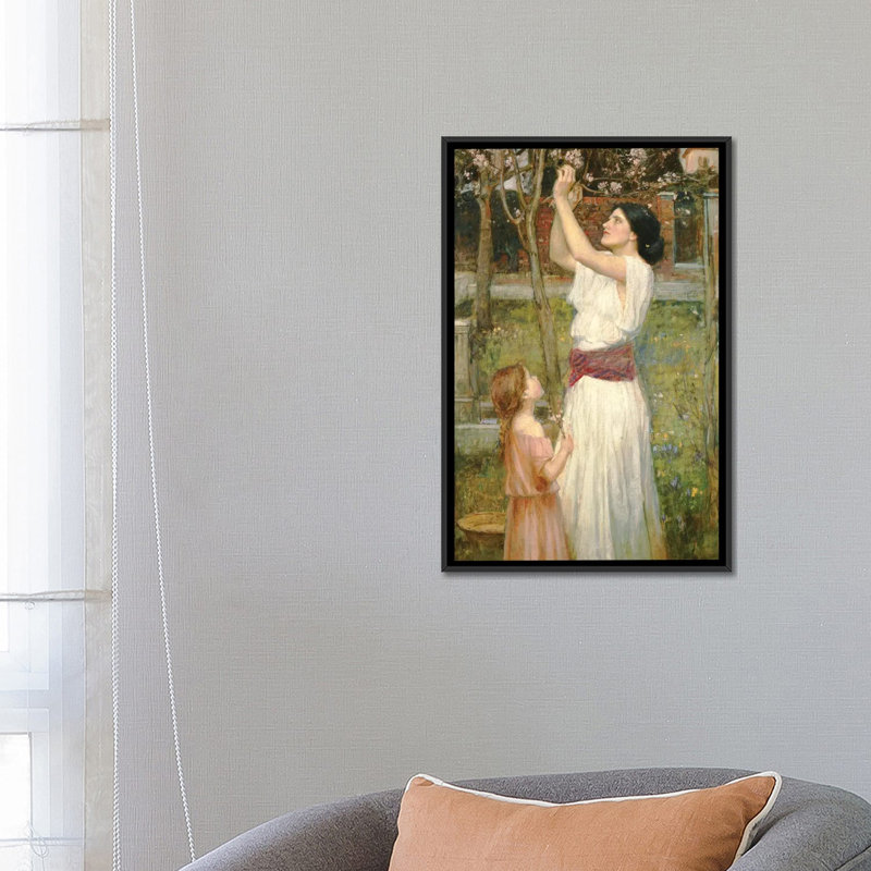 «Almond Blossoms, c.1916» par John William Waterhouse, reproduction sur toile, Toile avec cadre noir, Pas de tapis