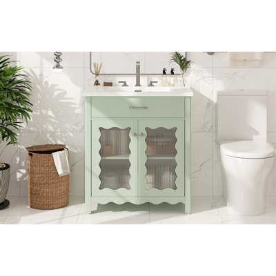 Meuble-lavabo 31 po avec verre trempé, armoire de salle de bain moderne avec pieds en bois d'hévéa et portes à fermeture en douceur