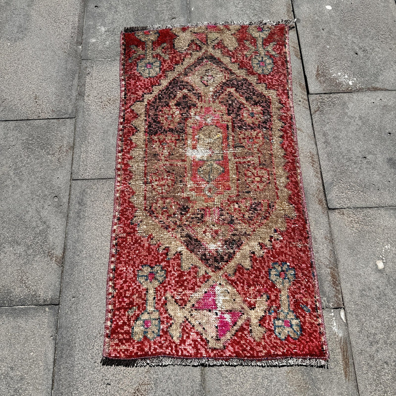 Vintage Anatolian Turkish Small Wool Rug in Brown Ideal for Car Mat - Rich Tribal Design
