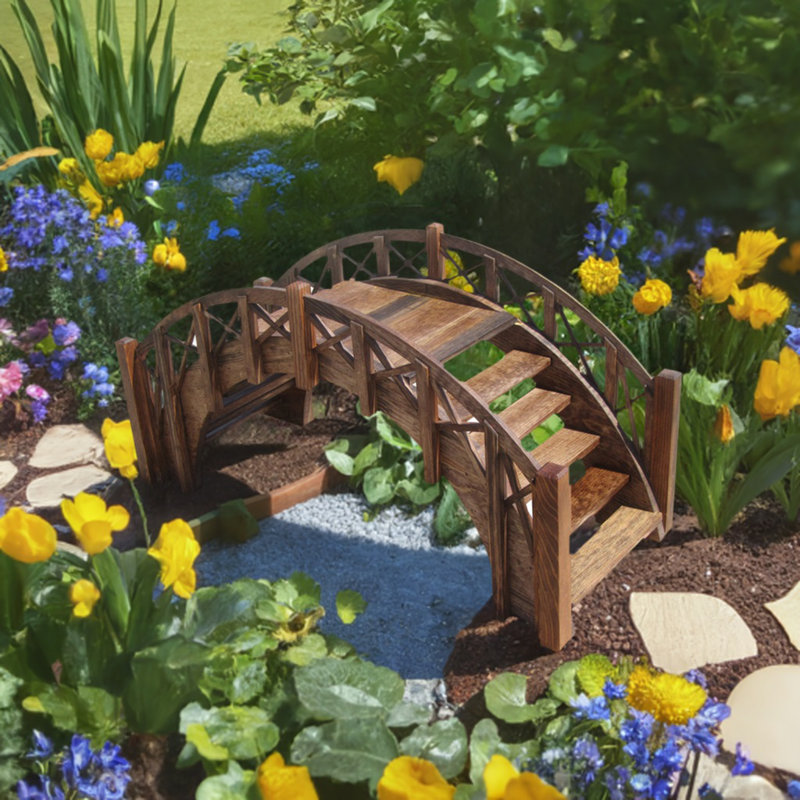 Brown Treated Wood Garden Stair Bridge with Lattice Railings