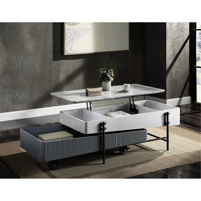 Table basse grise et blanche ultrabrillante avec espace de rangement mobile