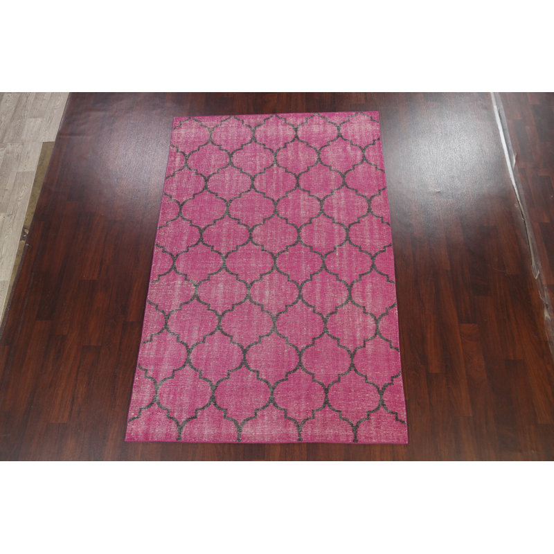 Tapis rose en laine noué à la main de conception unique 5 pi 8 po x 8 pi 9 po