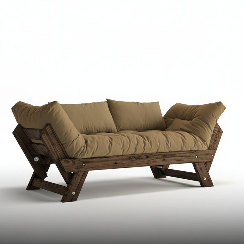 Convertible Pine Wood 2-Seat Outdoor Sofa With Waterproof Linen Cushions, Walnut, Camel