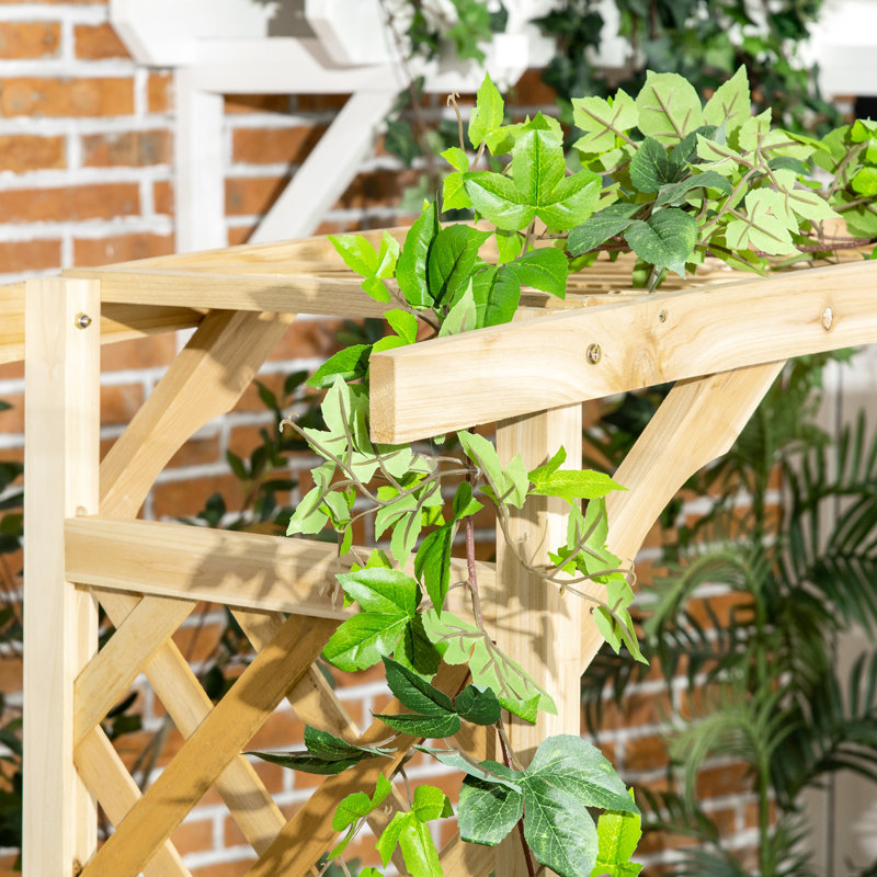 Banc-arche en bois naturel 3 places avec pergola et 2 treillis. Décoration de jardin. Capacité de 240 kg. Parfait pour les plantes grimpantes décoratives. Supporte jusqu'à [poids manquant]. Parfait pour la vigne.