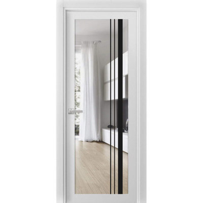 Porte française pleine prémontée 30 x 80 pouces Lucia 2566 Blanc Soie Verre Clair Panneau Simple Cadre Moulures Poignée Salle de bain Chambre Portes robustes