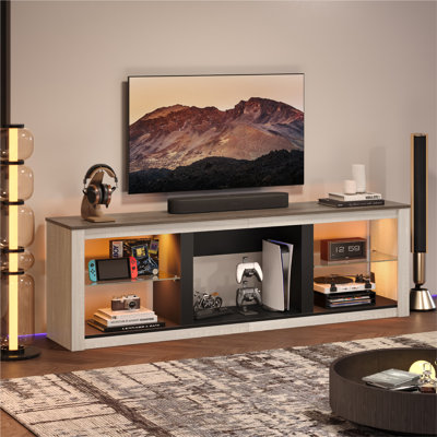 Kruszewski 70 In. TV Stand Fits TVs Up To 75 In. with LED Lights Glass Shelves and Open Storage