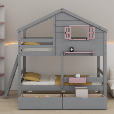 Lit superposé avec 2 tiroirs, 1 boîte de rangement, 1 tablette, fenêtre et toit