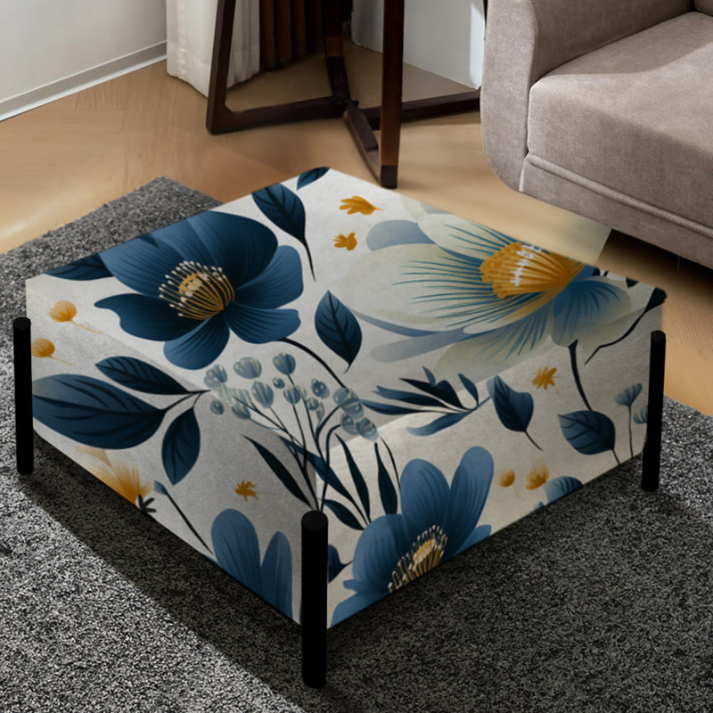 Grand repose-pieds carré bleu antique I Graceful Flowers I