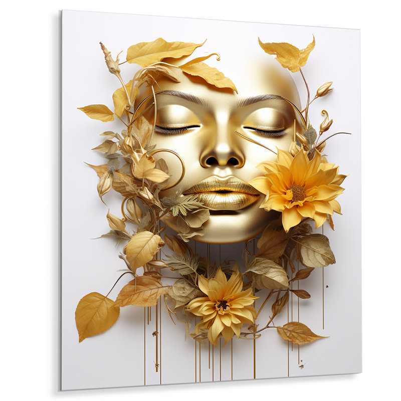 Portrait de femme blanche et dorée avec feuilles III - mode, art mural en métal, H 44 po x l 34 po x P 1,5 po