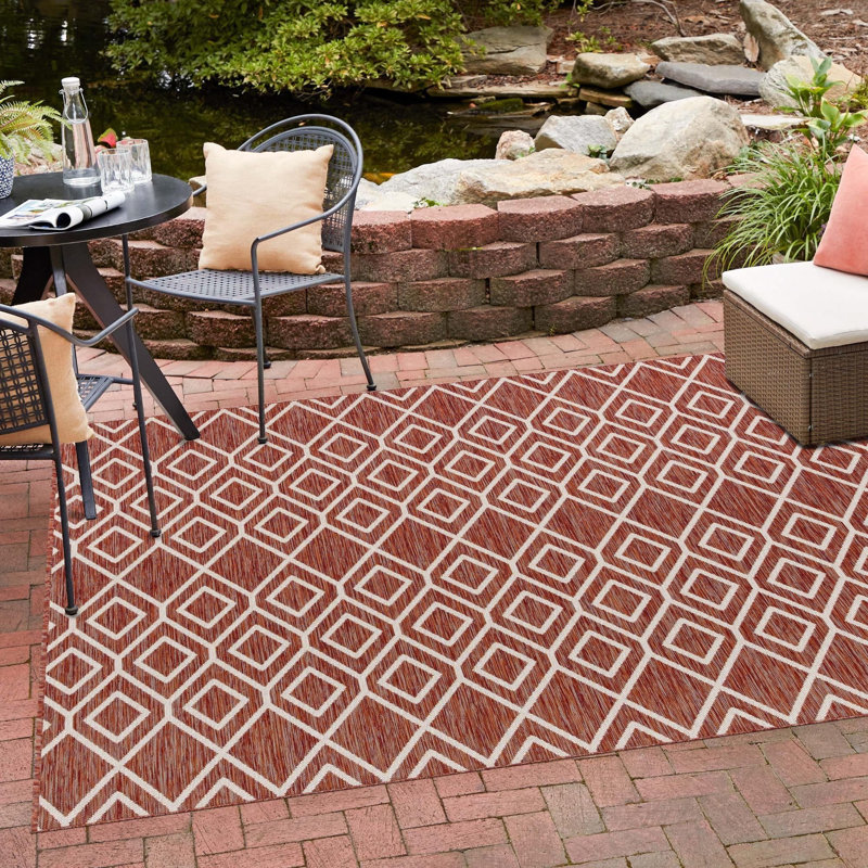 Yettem Abstract Indoor / Outdoor Rug, Square 7'10", Rust Red