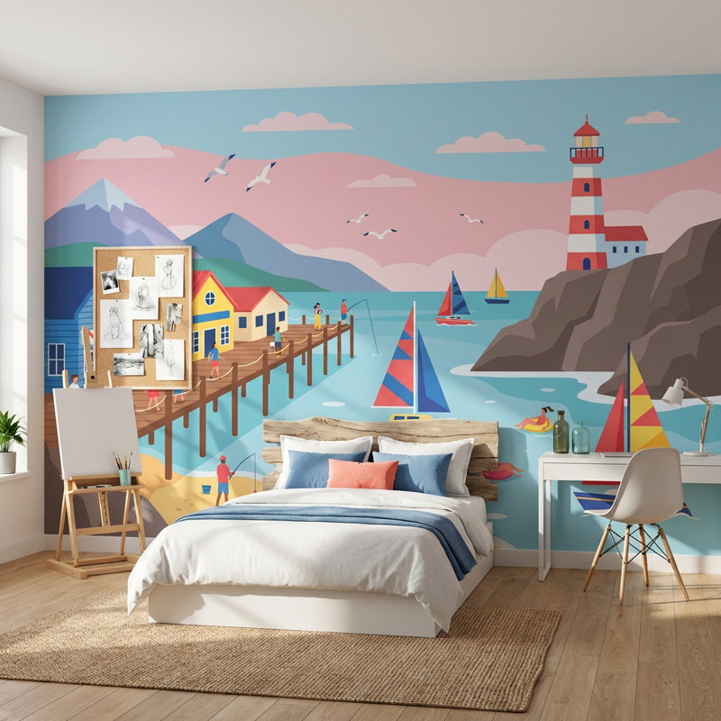 Murale phare de bord de mer, 160 po x 108 po, Peler et coller