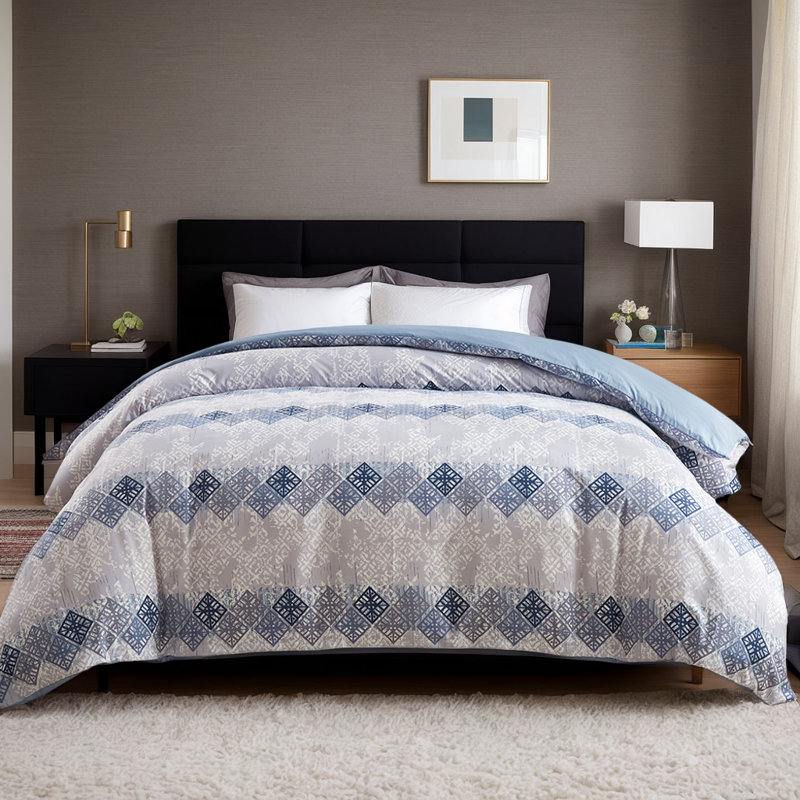 Dailynap Gray And Blue Geometric Pattern Minimalist Style Bedding Set, King Duvet Cover + 2 Pillowcases