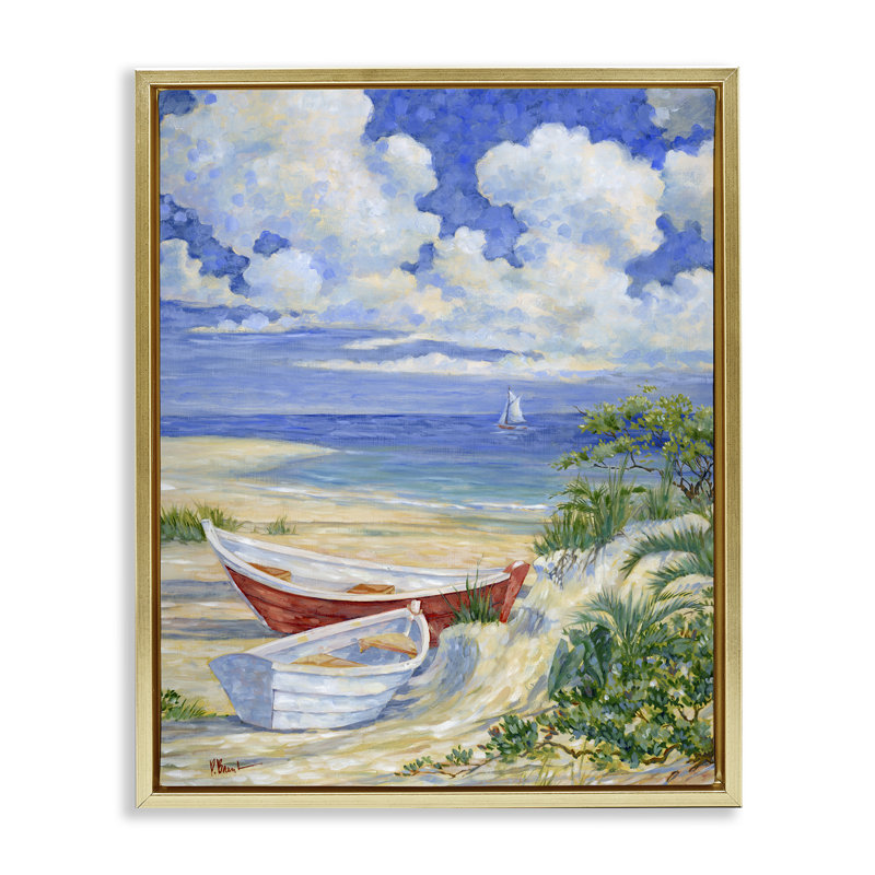 "Deux bateaux sur le sable", art mural encadré par Paul Brent, Cadre flottant métallique doré, H 21 po x l 17 po