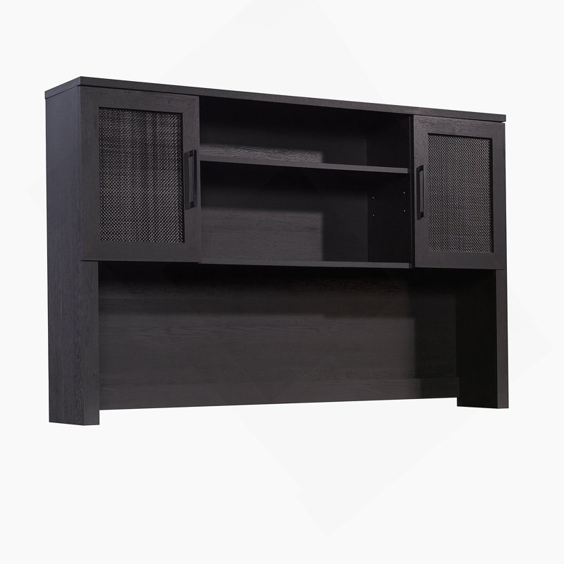 Space-Saving Hutch With Adjustable Shelves, Rattan Doors, And Integrated Cable Management For Versatile Home Use.