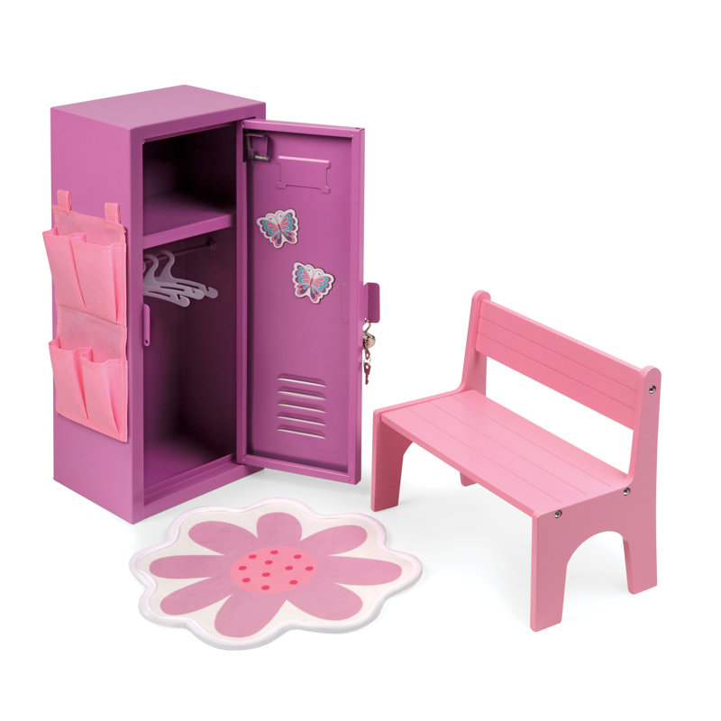 School Style Single Doll Locker Set with Bench, Rug and Accessories