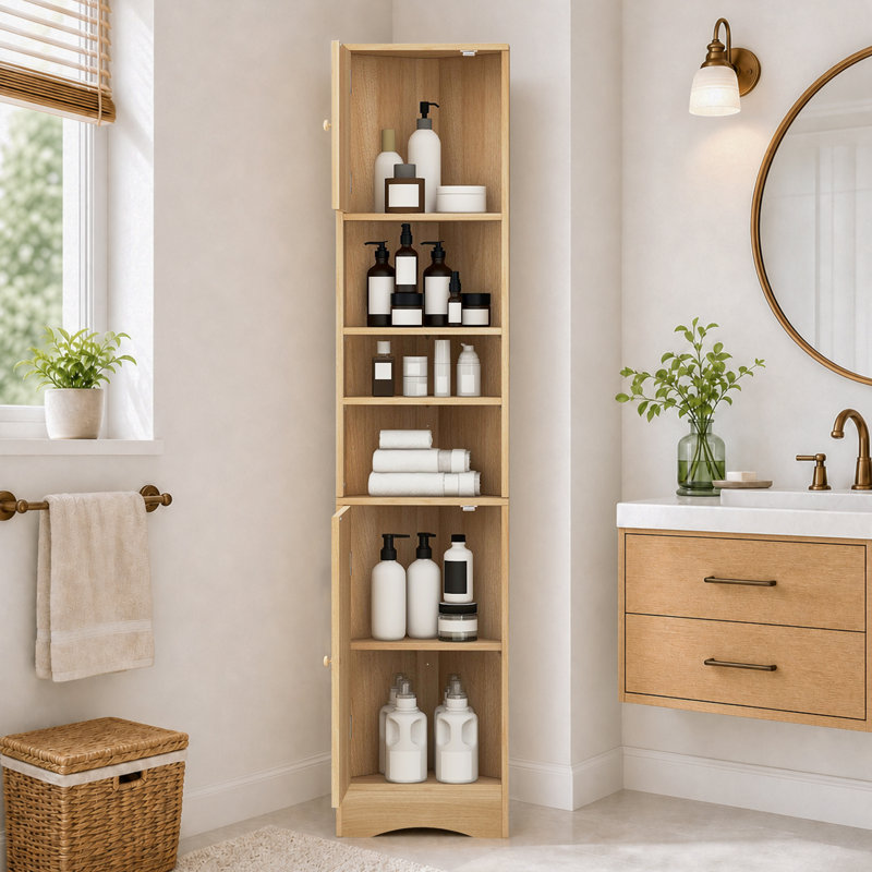 Meuble d'angle de rangement pour salle de bain de 170 cm de hauteur, fini naturel, avec étagères ouvertes et réglables.
