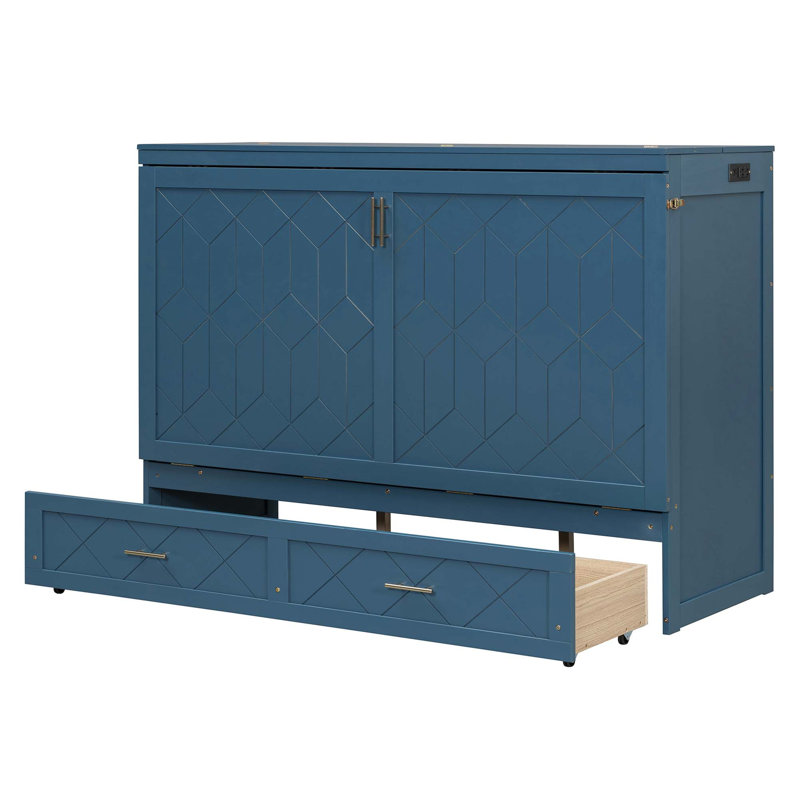Armoire-lit escamotable peu encombrante avec rangement intégré et ports USB, Marine