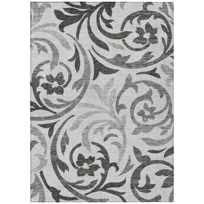 Tapis extérieur lavable floral gris anthracite et argent 5 pi x 8 pi