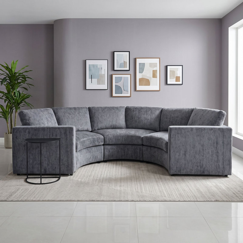 Canapé modulaire courbé modulaire en chenille 3 places avec sièges profonds et coussins et housses amovibles, Grey