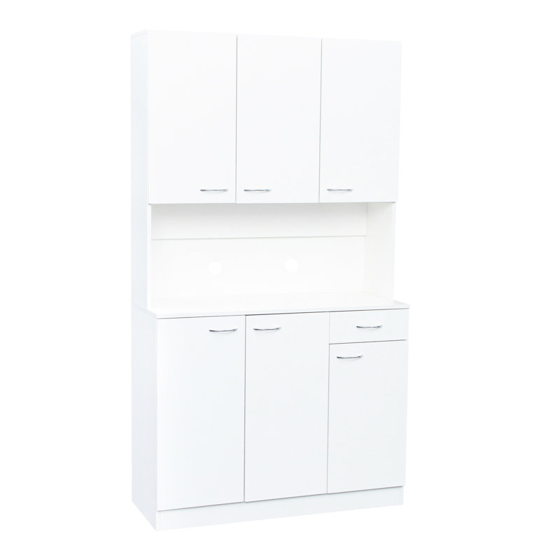 Grande armoire 72,37 po pour la chambre à coucher et la cuisine, blanche, 6 portes, 1 tablette ouverte, tiroir à 6 portes à surface lisse, 1 armoire ouverte et 1 cuisine