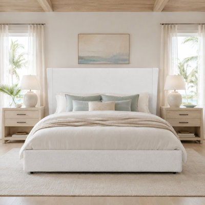 Bensu Boucle Upholstered Bed Frame with Rounded Corners, Platform Bed with Wood Slats