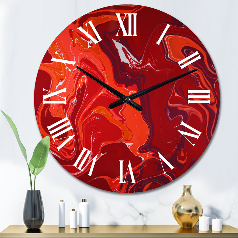 Horloge murale moderne avec flamme rouge et marbre liquide, Surdimensionné