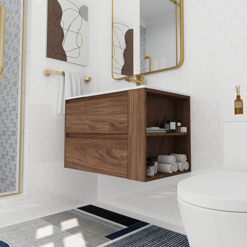Ensemble de meuble-lavabo mural simple avec tablette et deux tiroirs 30 po Serenita, finition bois moderne, Chêne brun