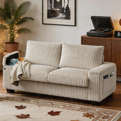 71" Corduroy Upholstered Sofa, 2 Seater Couches Small Loveseat With Storage Pockets,  Storage Armrest And USB Charging Port
