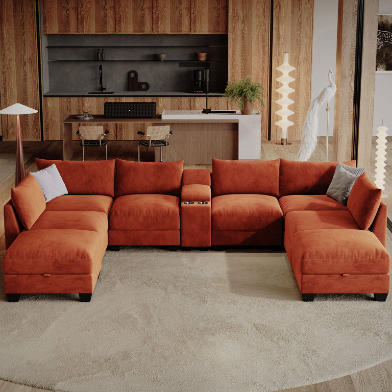  Amold 136.2'' U-Shaped Sectional Sofa, 8-Seater Modular Couch, Comfy Living Room Cloud Sofa With Ottoman And Console