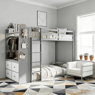 Twin Over Twin Bunk Bed With Lighted Dresser, Hanging Rack And Storage Drawers