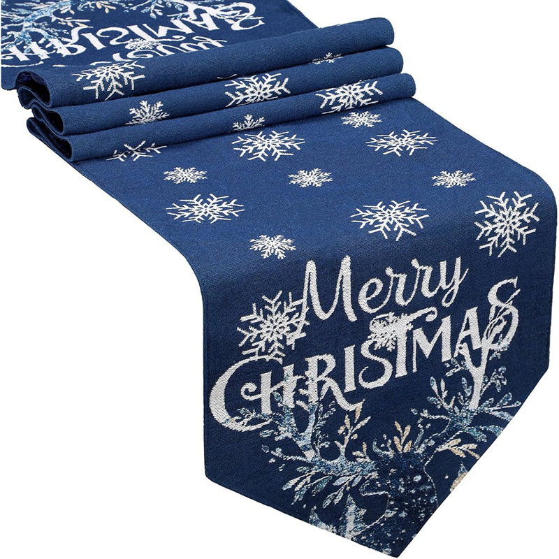 Chemin de table de Noël bleu marine brodé flocon de neige Elk 13 X 70 pouces saisonnier chemin de table de joyeux Noël d'hiver pour la salle à manger