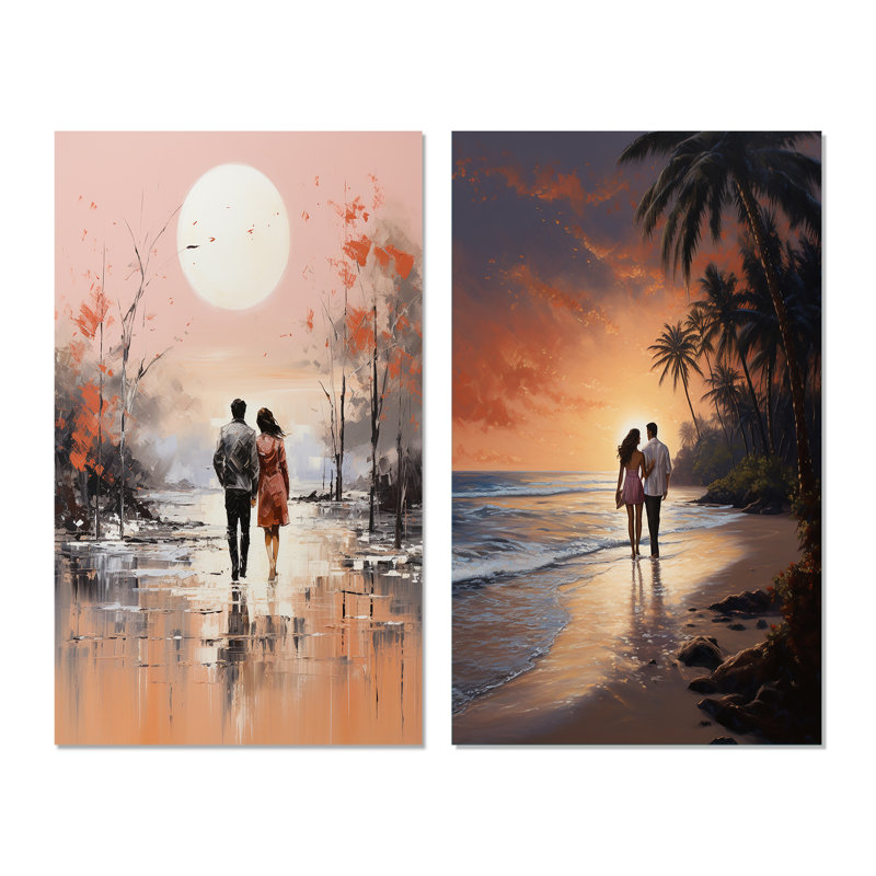 «Couple marchant sur la plage» 2 pièces, Toile tendue, H 20 po x l 24 po