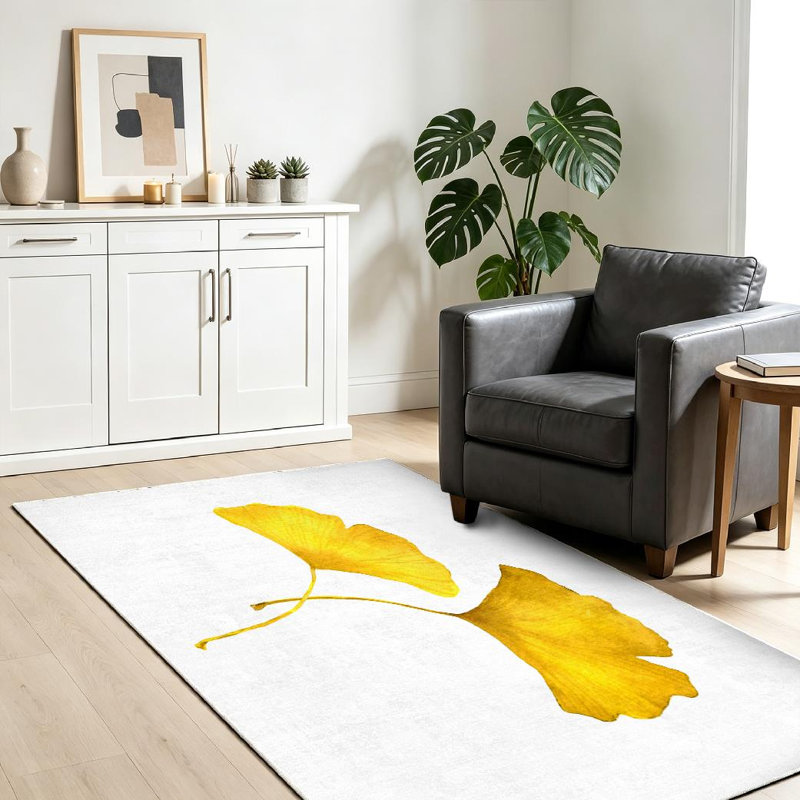 Yellow Leaves Autumn Botanical Watercolor Fall Art Artwork Machine Washable Indoor Area Rug, Rectangle 39" x 63"