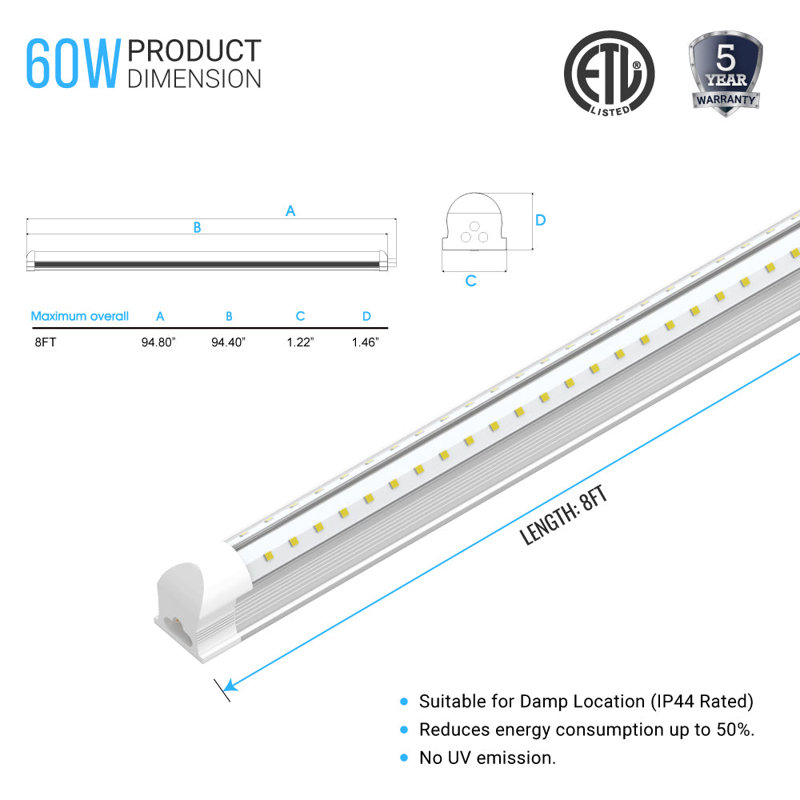 60W T8 8ft Integrated LED Tube Light, 5000 K