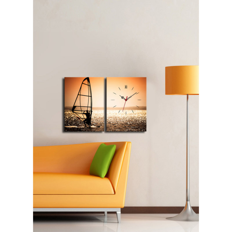Horloge murale élégante en toile décorative (2 pièces), 25,2 po x 15,7 po | Toile 100% suède avec cadre 100% bois (épaisseur: 1,2 po) | Décoration élégante, parfaite pour les espaces de salon et de bureau, conception unique de garde-temps