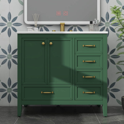 Meuble-lavabo 36 po avec lavabo et porte à fermeture en douceur 4 tiroirs de tailles et de pieds différents