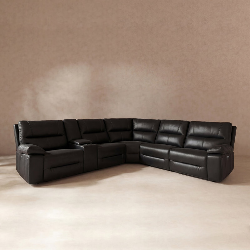 Aylinne Upholstered Power Reclining L-Shaped Sectional Right Hand Facing, Coal Black Top Grain Leather
