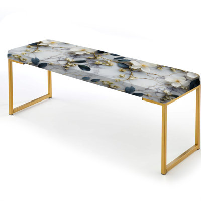 White Marble Botanical Floral Palette - Marble Upholstered Gold Bench