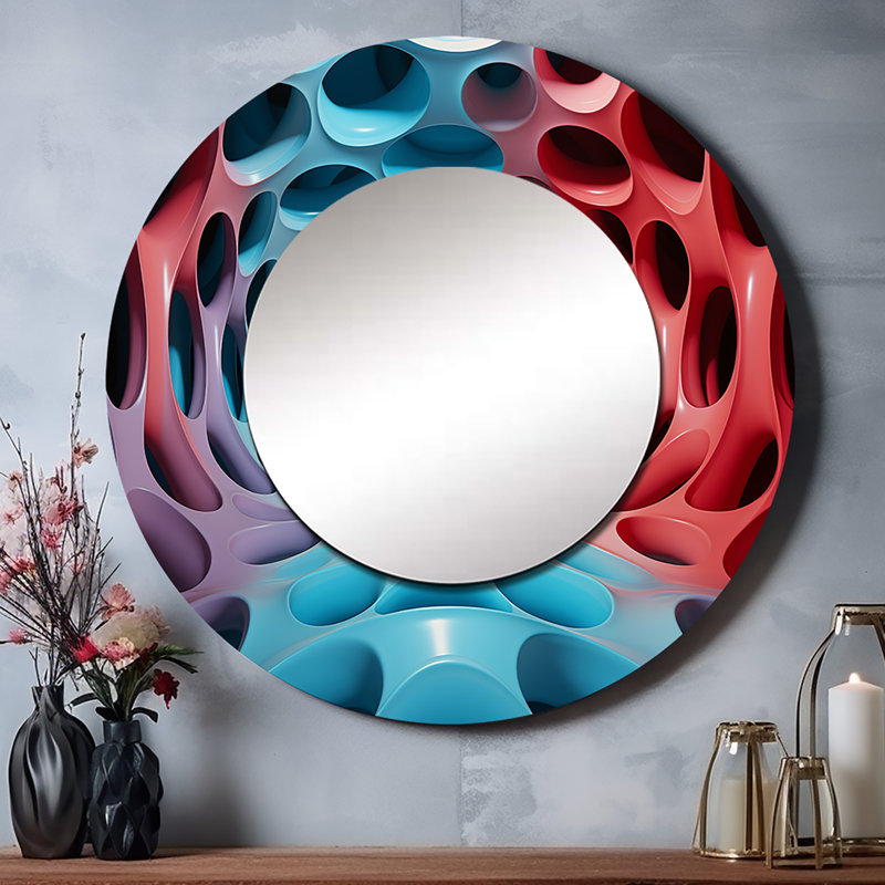 Shaneqwa Op Art bleu et rouge - miroir mural décoratif Op Art, grand miroir rond bleu, impression d'art en métal