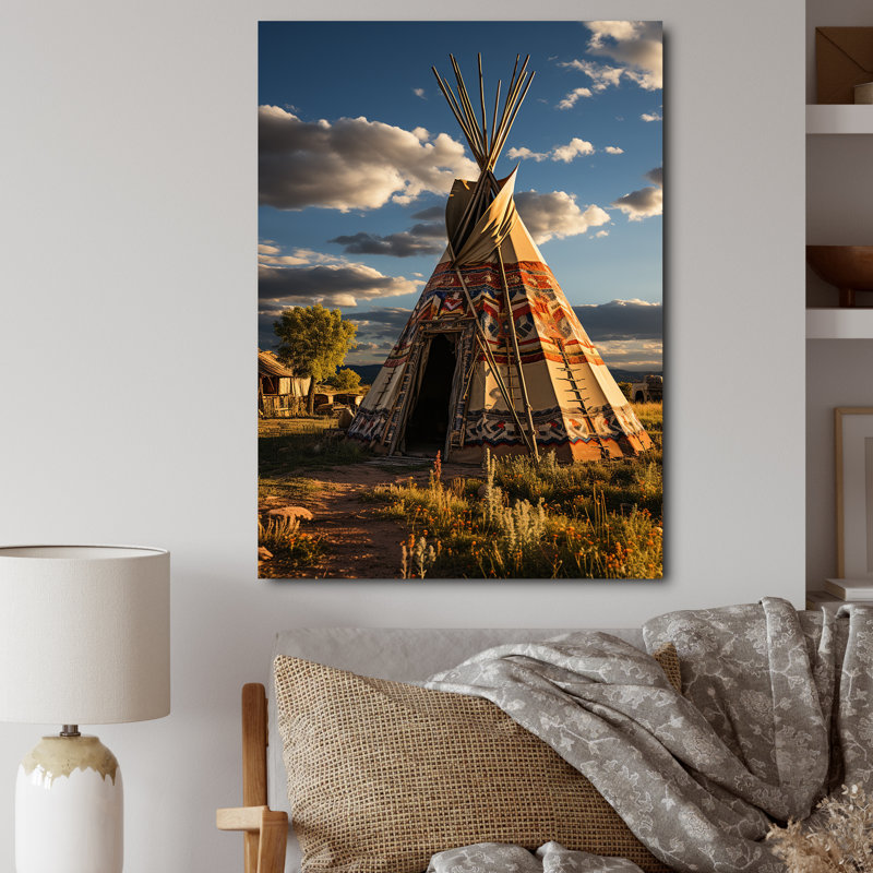 «Native Tipi Serenitys Refuge», reproduction sur toile, Cadre flottant blanc, H 32 po x l 16 po x P 1 po