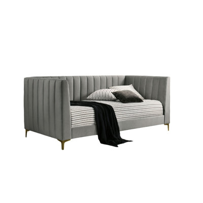 Contemporary Style Tuxedo Inspired Seating Daybed Attached Gold Metal Legs Channel Tufting Light Gray Finish